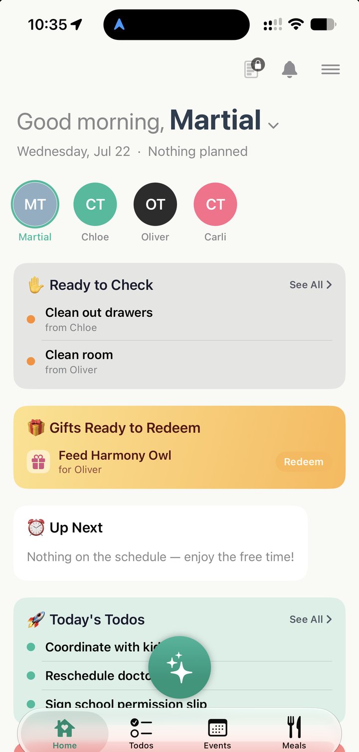 FamRight home screen with a family schedule, to-dos, and rewards